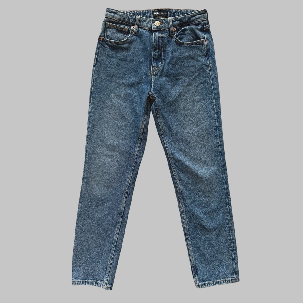 Zara Womens High Rise Straight Leg Jeans Medium Wash Blue Size 4 26 mom capsule